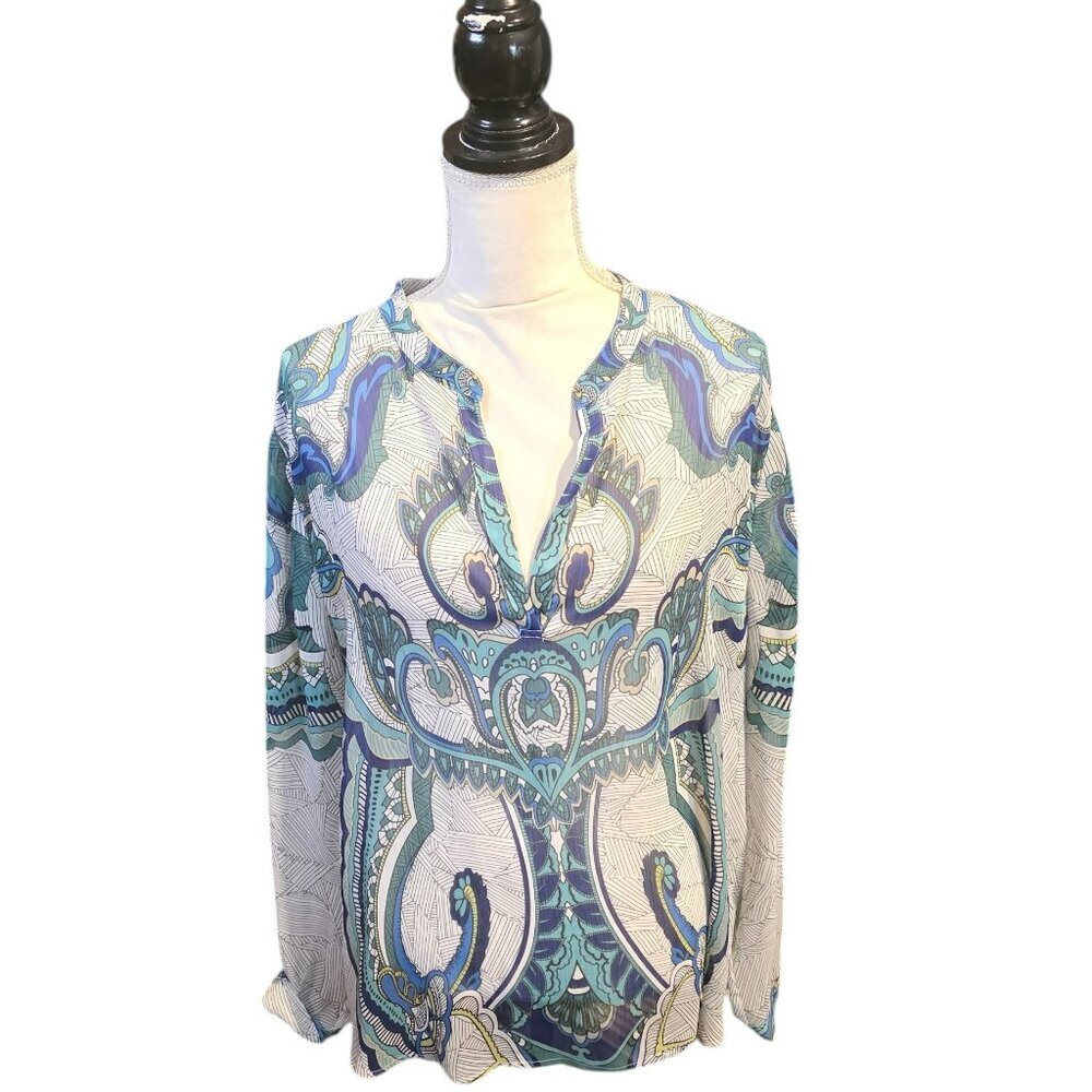 Chico's Paisley Blue, Black‎ & White Print Long Sleeve V Neck Blouse Size XL